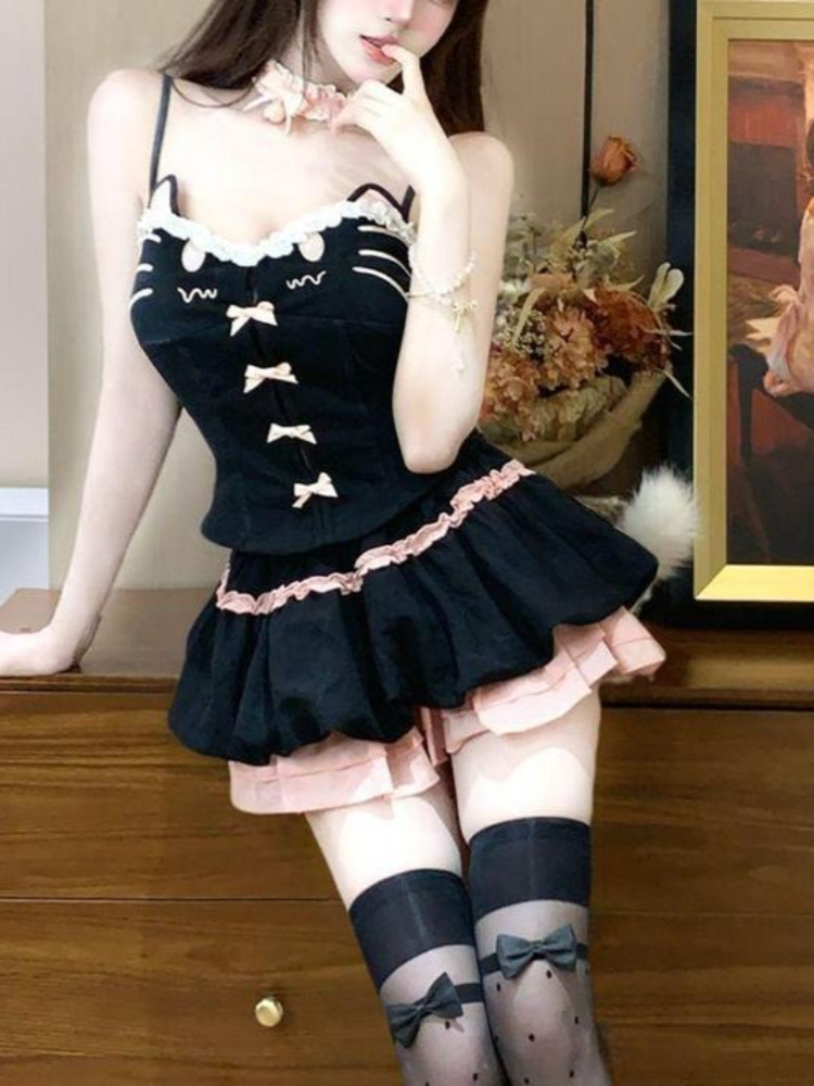 Summer Kawaii Cute Cartoon Cat - Cami Top Lace ulasan dan harga